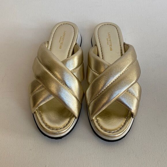 Gold Leather Criss Cross Slides By Lafayette 148 New York - Picture 1 of 8